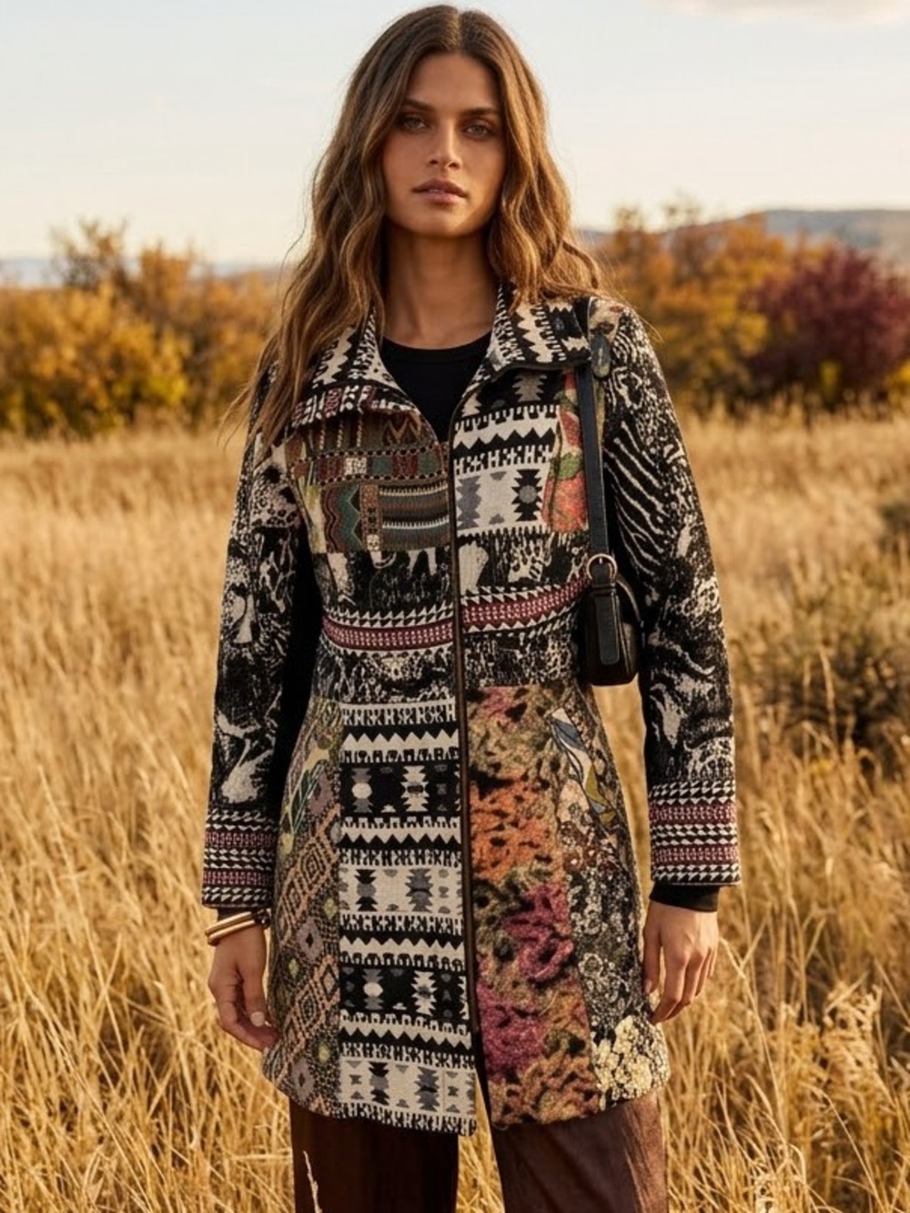 Vintage Tapestry Coat Patchwork 90's LARGE Western Tribal Floral Peacoat Small